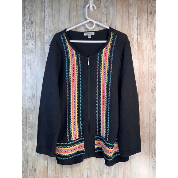 Coldwater Creek‎ Cardigan Womens 2X Black Multicolor Stripes Full Zip Sweater - Picture 1 of 7